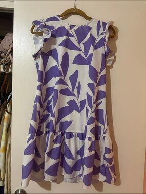 SHEIN White Dress with Purple Leaf Print and Ruffle Sleeves
